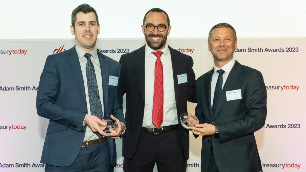 Photo of Robin O’Mahony and Jaime Urencio, Cytiva and Baris Kalay, Bank of America.