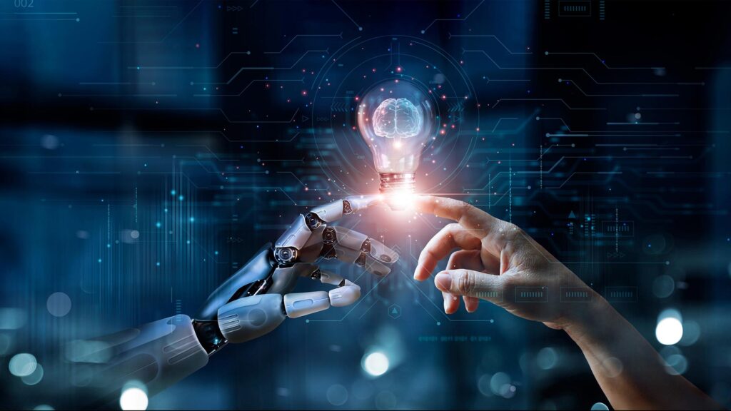 AI robot hand touching index fingers with human with a lightbulb with brain inside of it