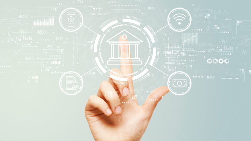 Person pressing bank icon graphic