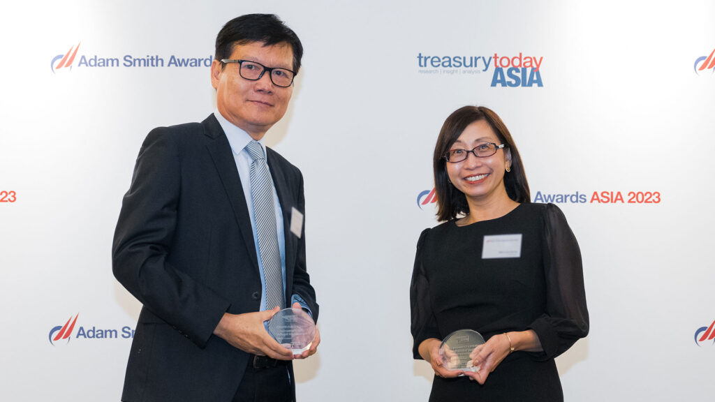 Photo of William Tan, Kyriba and Mei Lian Geow, J.P. Morgan.