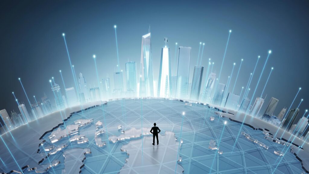 Business person standing on a globe with a digital city