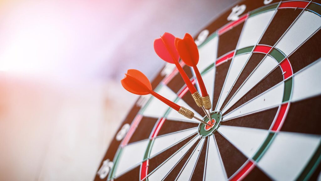 Close up of darts in the bullseye