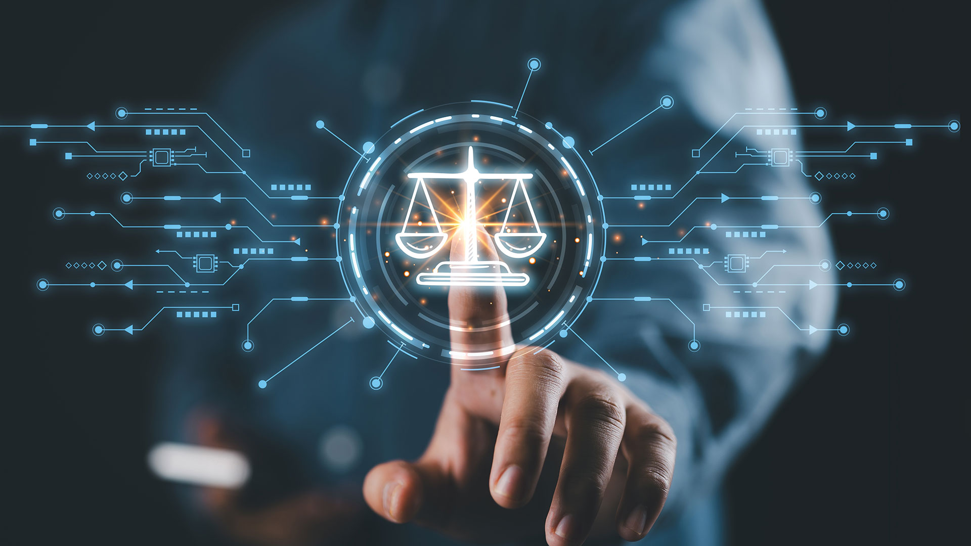 Justice and laws concept with person pressing digital icon of justice scales