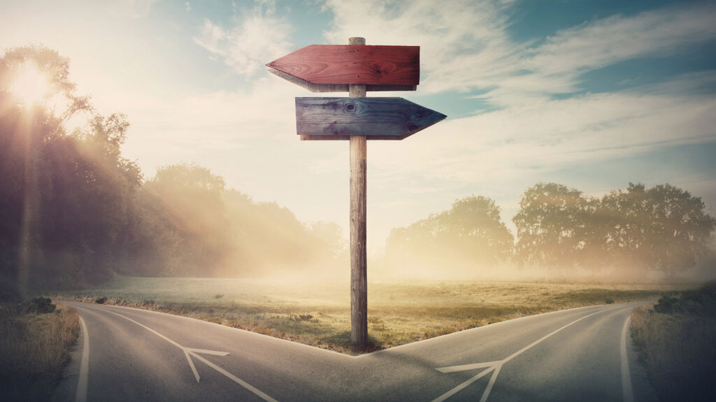 Red and blue sign posts pointing in two different directions