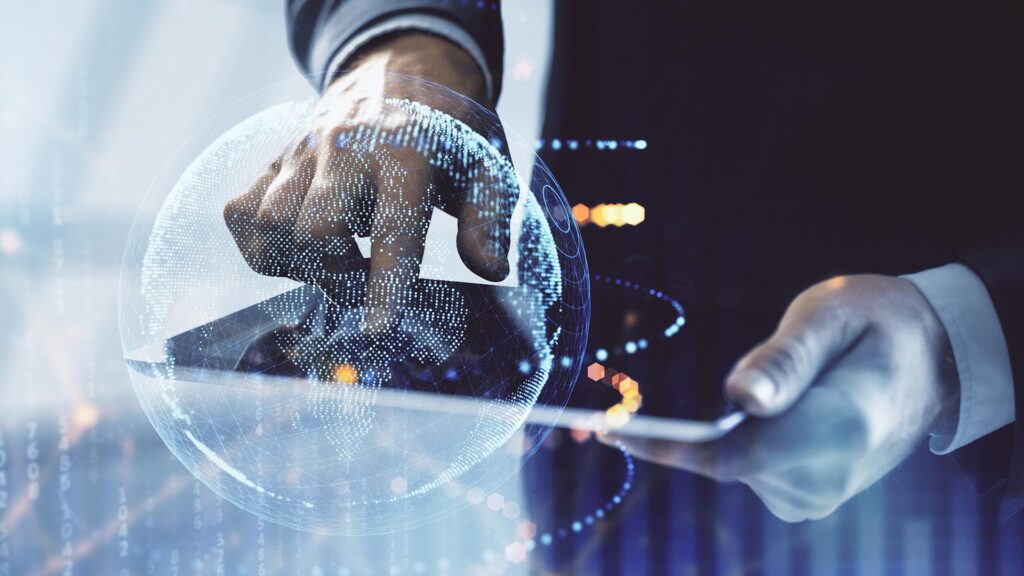 Person holding tablet with data overlaid